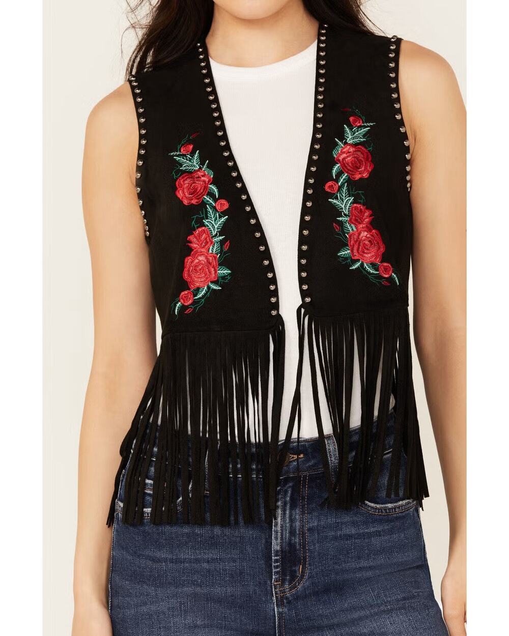 Vocal Embroidered Rose Faux Suede Fringe Vest Black Medium Country Western